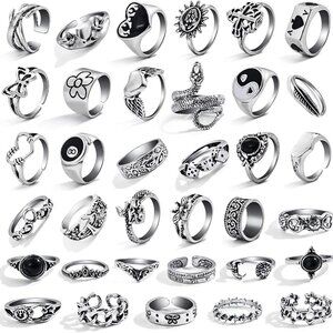Vintage Silver Knuckle Rings Set 26-35 Pcs Gothic Stackable Adjustable Jewelry